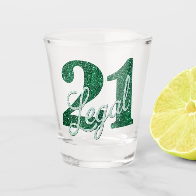 21 and Legal | Green Faux Glitter 21st Birthday Shot Glass (Front)