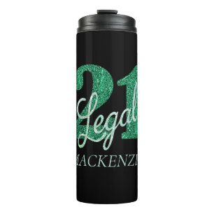 21 and Legal Green Faux Glitter 21st Birthday Thermal Tumbler