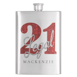 21 and Legal   Modern Red and Silver with Name Hip Flask
