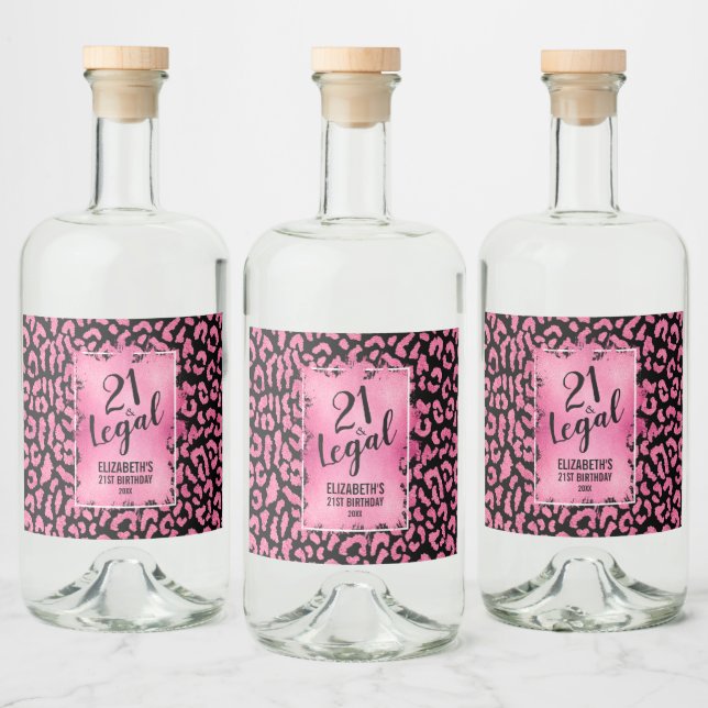 21 and Legal Pink Black Leopard Personalised Liquor Bottle Label (Bottles)