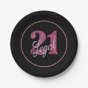 21 and Legal   Pink Glitter 21st Birthday on Black Paper Plate
