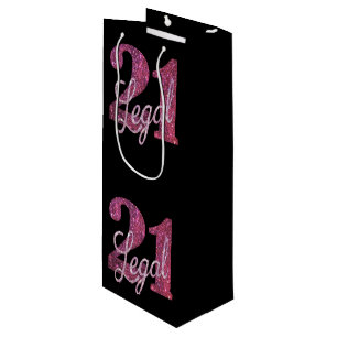 21 and Legal   Pink Glitter 21st Birthday on Black Wine Gift Bag