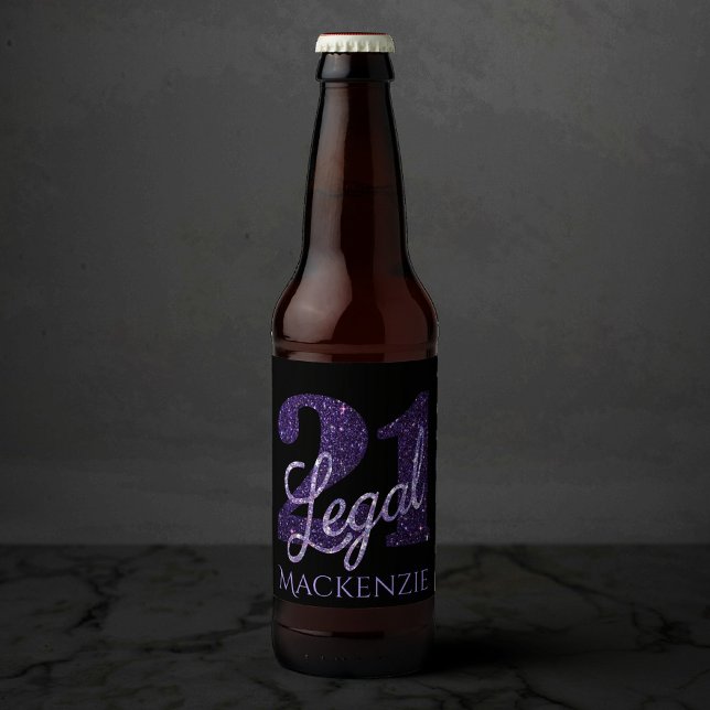 21 and Legal | Purple Faux Glitter 21st Birthday Beer Bottle Label (Creator Uploaded)