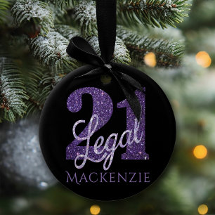 21 and Legal Purple Faux Glitter 21st Birthday Ceramic Tree Decoration