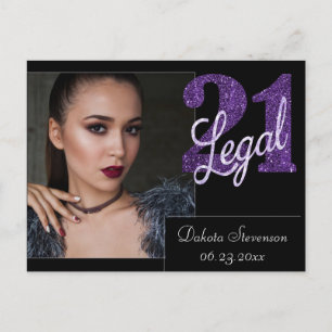 21 and Legal   Purple Faux Glitter 21st Birthday Postcard