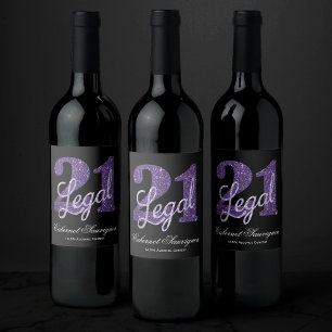 21 and Legal   Purple Faux Glitter 21st Birthday Wine Label