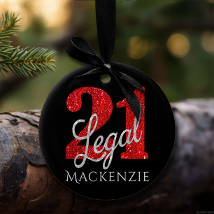 21 and Legal   Red and Black Modern 21st Birthday Ceramic Tree Decoration