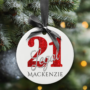 21 and Legal   Red and White Modern Keepsake Ceramic Tree Decoration