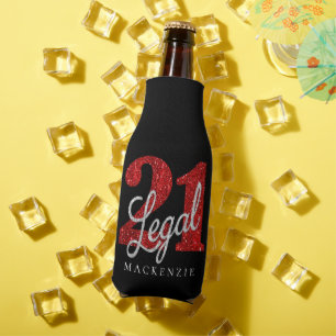 21 and Legal   Red Faux Glitter 21st Birthday Bottle Cooler