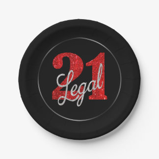 21 and Legal | Red Faux Glitter 21st Birthday Paper Plate