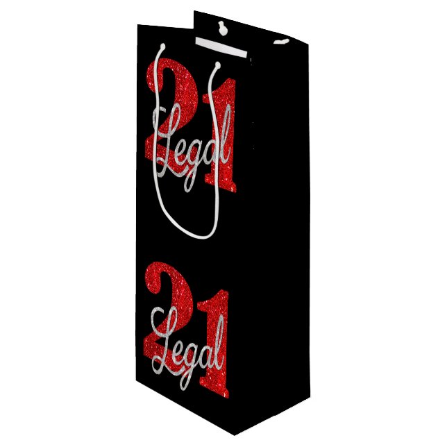 21 and Legal | Red Faux Glitter 21st Birthday Wine Gift Bag (Front Angled)