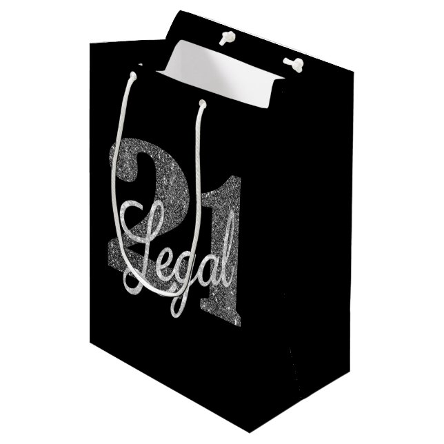 21 and Legal | Silver Faux Glitter 21st Birthday Medium Gift Bag (Front Angled)