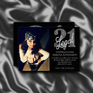 21 and Legal   Silver Faux Glitter Photo Keepsake Invitation