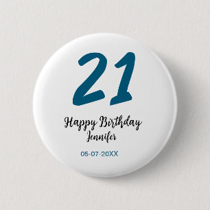 21 birthday bold blue letter simple minimal 6 cm round badge
