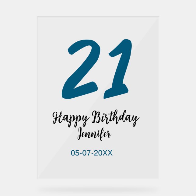 21 birthday bold blue letter simple minimal acrylic sign (Front)