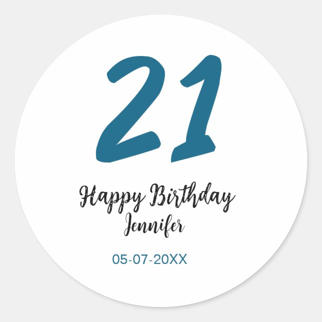 21 birthday bold blue letter simple minimal classic round sticker (Front)