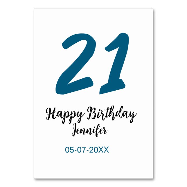 21 birthday bold blue letter simple minimal table number (Front)