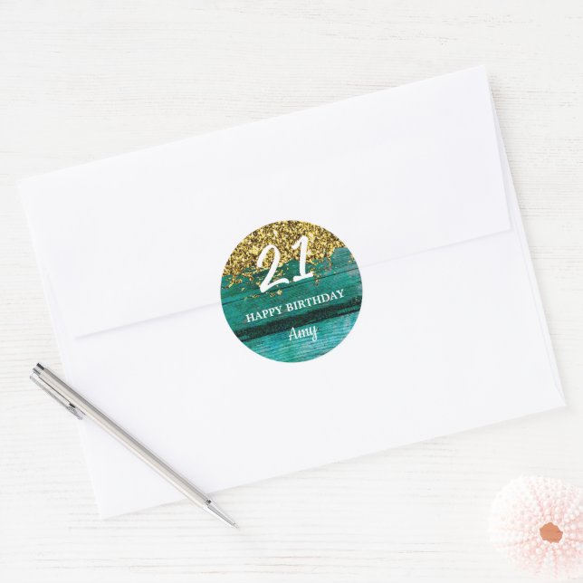 21 Birthday Girly Turquoise Gold Glitter Classic Round Sticker (Envelope)