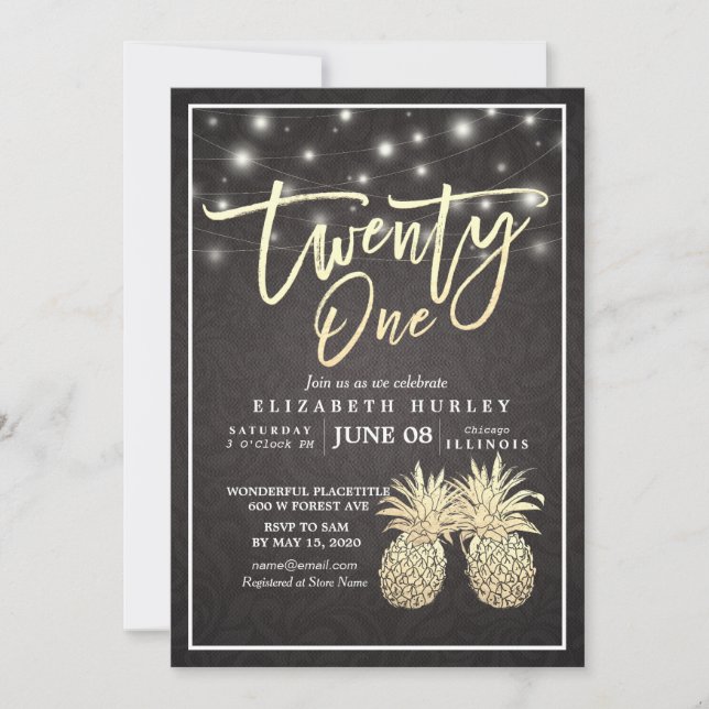 21 Birthday Party Chic Black Gold Pineapple Couple Invitation (Front)