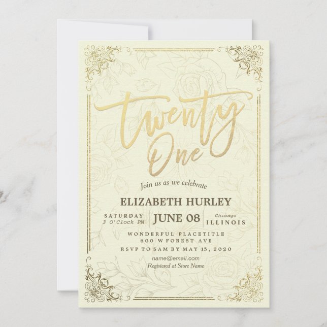 21 Birthday Party Elegant Script Gold Floral Frame Invitation (Front)