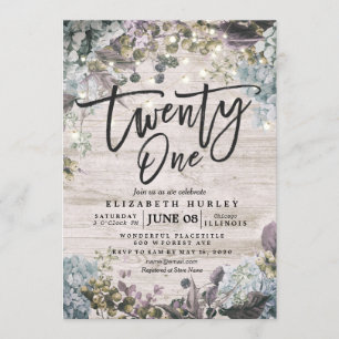 21 Birthday Party Floral String Lights Rustic Wood Invitation