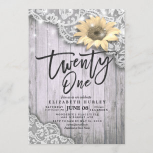 21 Birthday Party Lace Sunflower String Light Wood Invitation