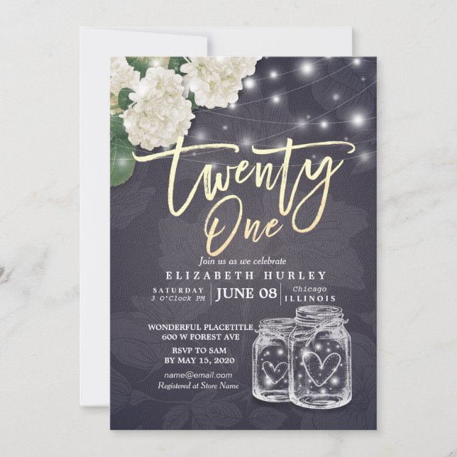 21 Birthday Party Mason Jars String Lights Flowers Invitation (Front)