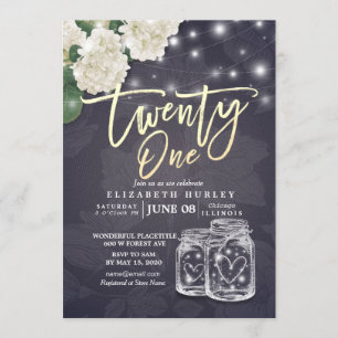 21 Birthday Party Mason Jars String Lights Flowers Invitation