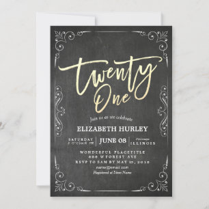 21 Birthday Party Modern Black White Floral Frame Invitation