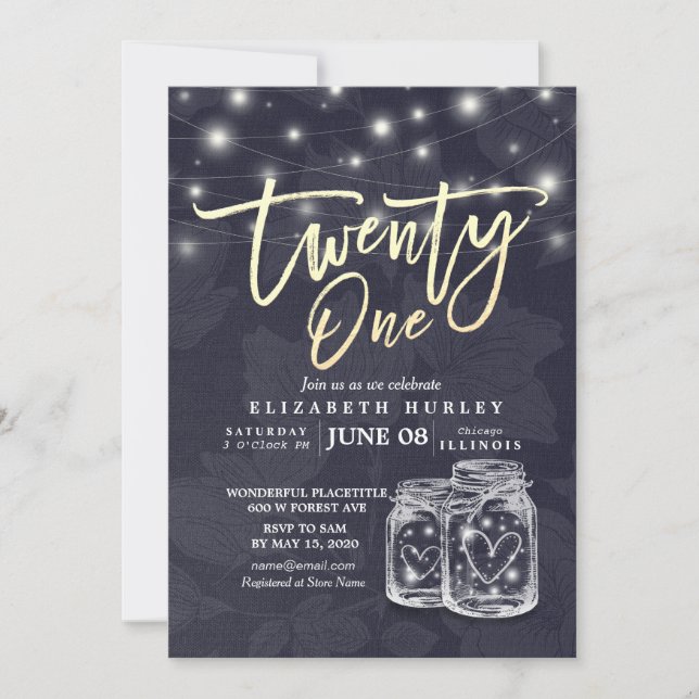 21 Birthday Party Modern Mason Jars String Lights Invitation (Front)