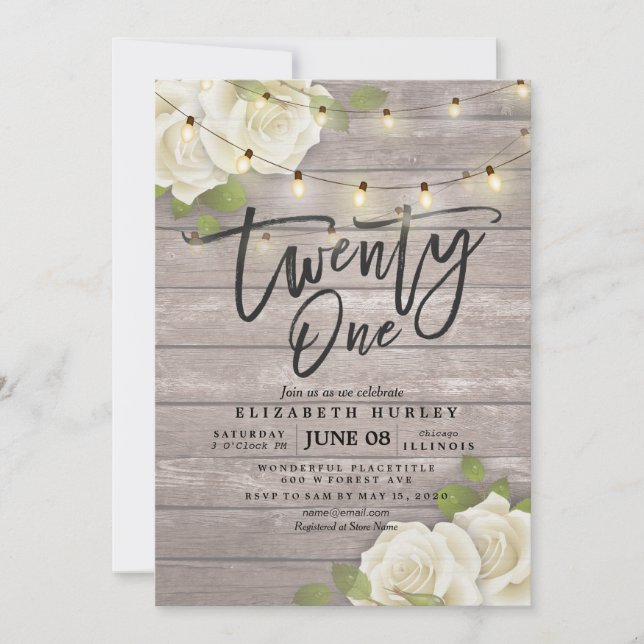 21 Birthday Party Rustic Wood Flowers String Light Invitation (Front)