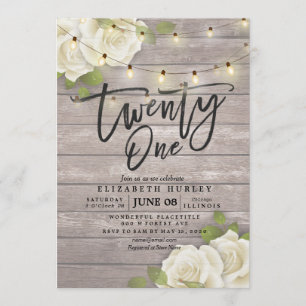 21 Birthday Party Rustic Wood Flowers String Light Invitation