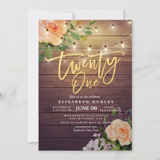 21 Birthday Party Rustic Wood Flowers String Light Invitation (Front)