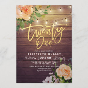 21 Birthday Party Rustic Wood Flowers String Light Invitation