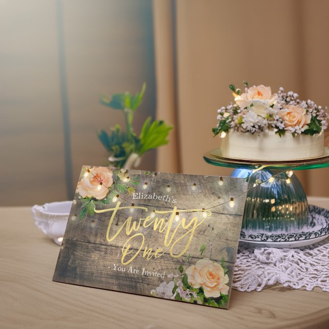 21 Birthday Party Rustic Wood Flowers String Light Invitation (Creator Uploaded)