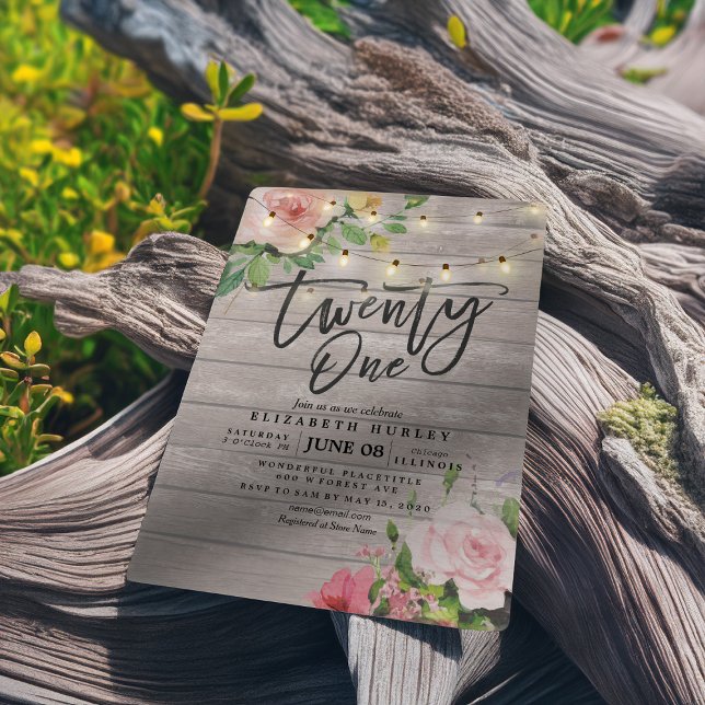 21 Birthday Party Rustic Wood Flowers String Light Invitation (Creator Uploaded)