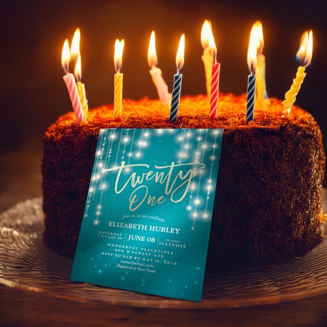 21 Birthday Party Turquoise Sparkle String Lights Invitation (Creator Uploaded)