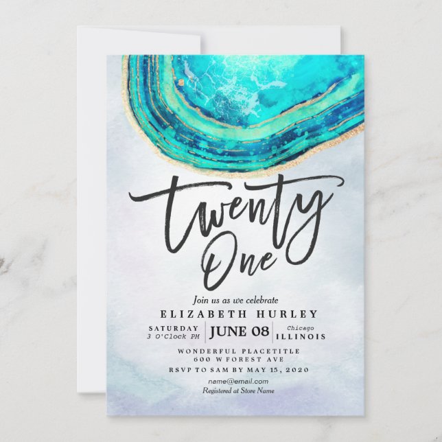 21 Birthday Party Watercolor Teal Gold Agate Geode Invitation (Front)