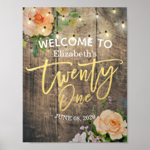 21 Birthday Party Wood Flower String Light Welcome Poster