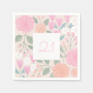 21 Birthday Pretty Floral Pink Peach Illustration  Napkin