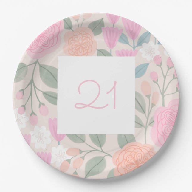 21 Birthday Pretty Floral Pink Peach Illustration  Paper Plate (Front)