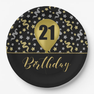 21 Gold Birthday Ballon on Black Gold Confetti Paper Plate