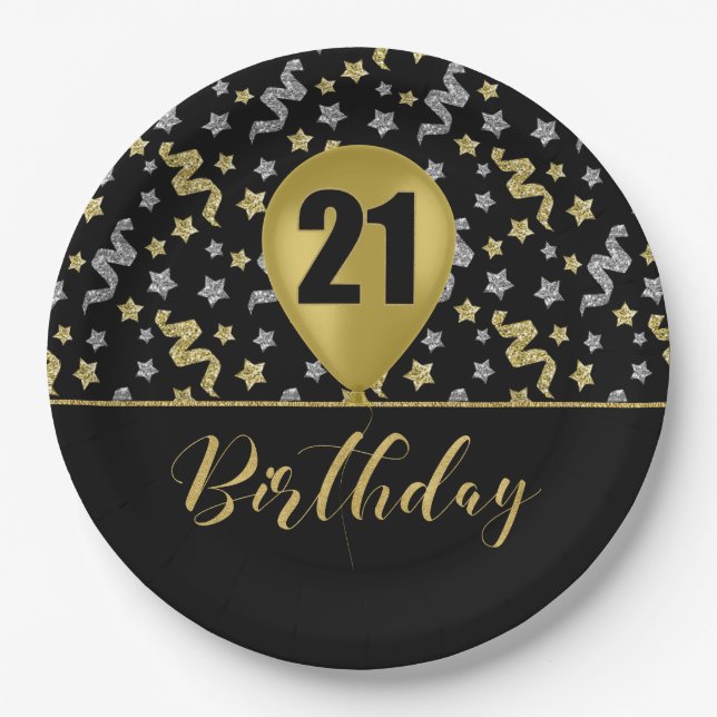 21 Gold Birthday Ballon on Black Gold Confetti Paper Plate (Front)