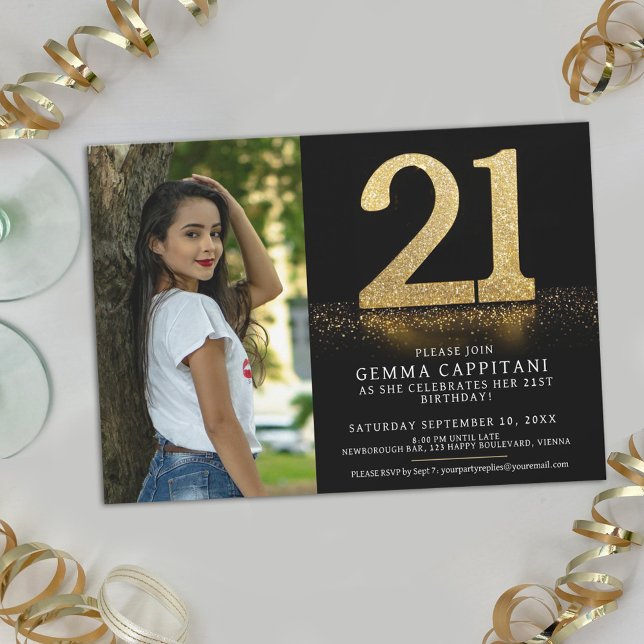 21 gold glitter 21st Birthday custom photo Invitation (Creator Uploaded)