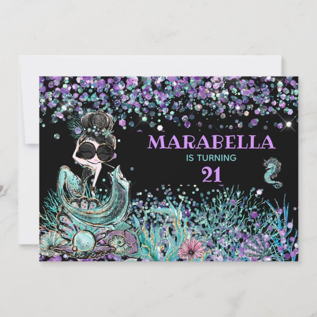 *~*  21 Mermaid GLAM LUXE Under the Sea Birthday Invitation (Front)