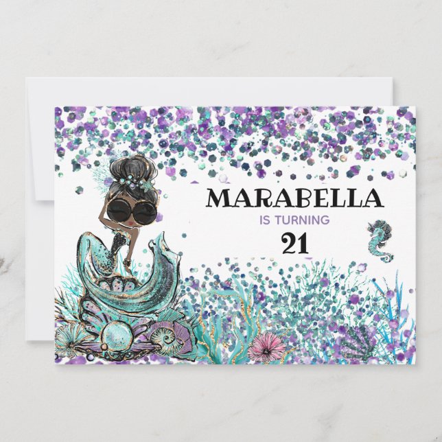 *~*  21 Mermaid LUXE GLAM Under Sea Birthday Party Invitation (Front)