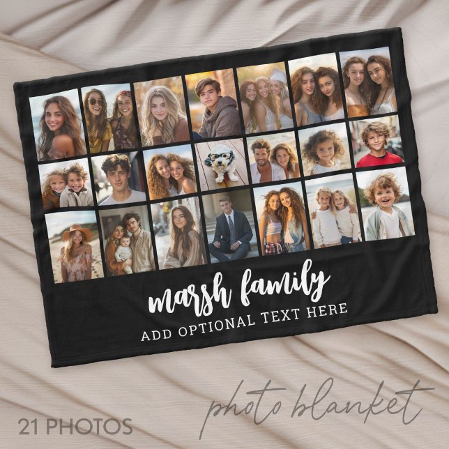 21 Photo Collage - 3 rows 7 columns - black Fleece Blanket (Photo Blanket - Customize with your favorite pictures)