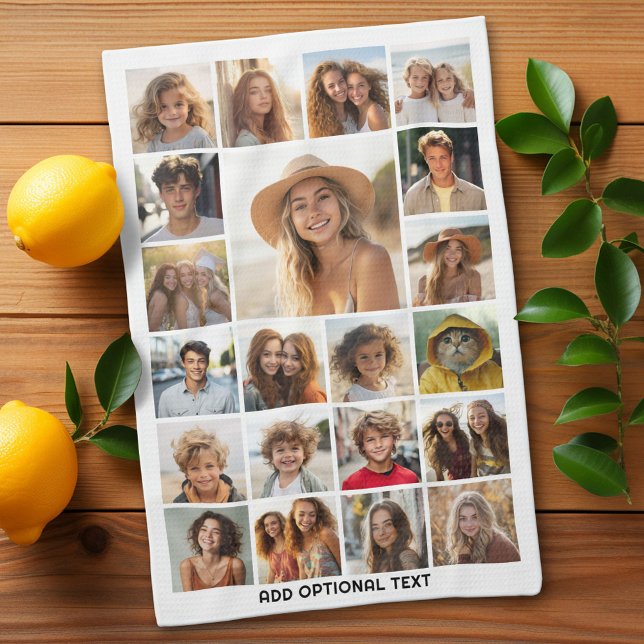 21 Photo Collage - Custom Text - Black and White Tea Towel (Custom Kitchen Towel with Photo Collage)