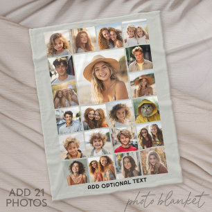 21 Photo Collage - Custom Text - Taupe with Text Fleece Blanket