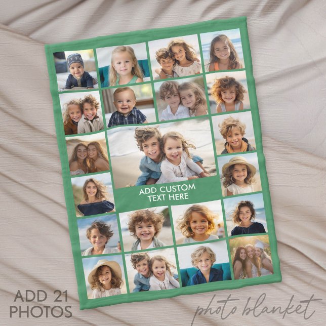 21 Photo Collage - Green and Text Fleece Blanket (Photo Blanket - Fleece)